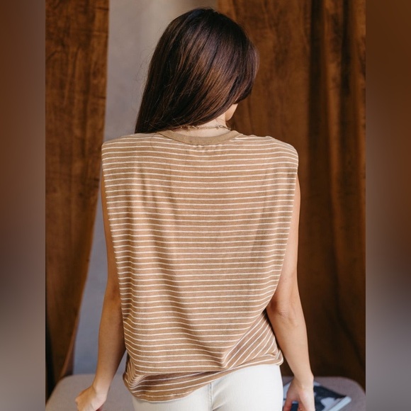 Casual Tan Camel Striped Padded Shoulder Sleeveless Tank - Picture 4 of 12
